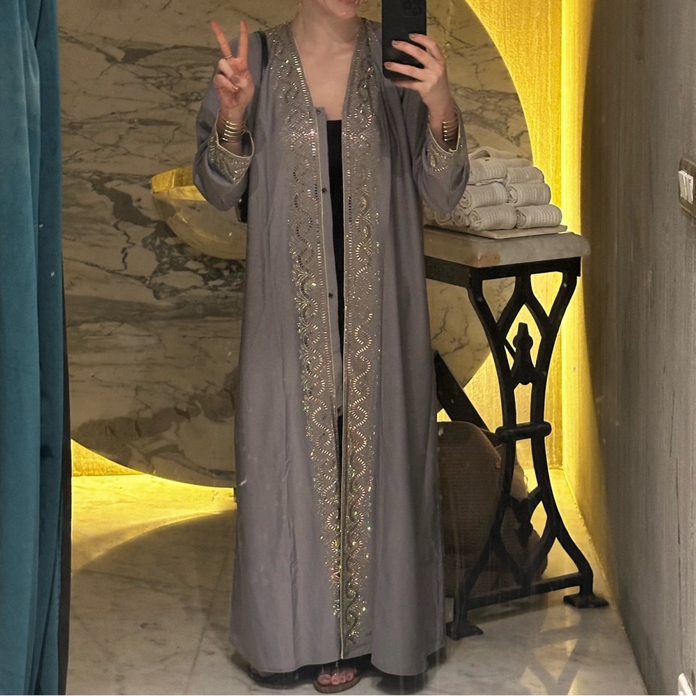 Elegant Light Gray Embroidered Long Robe
